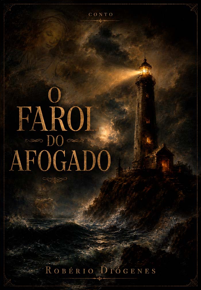 Capa de O Farol do Afogado — um farol de pedra sobre rochas à noite, com luz dourada e névoa no mar